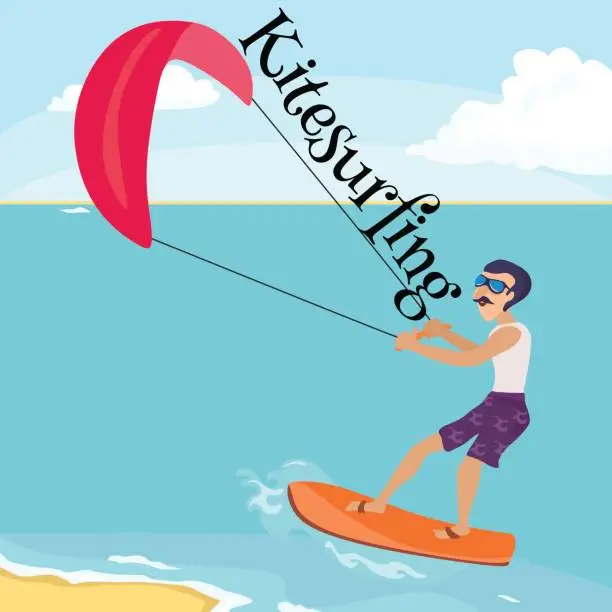 Vector illustration of kitesurfing water extreme sports, isolated design element for summer vacation activity concept, cartoon wave surfing, sea beach vector illustration, active lifestyle adventure