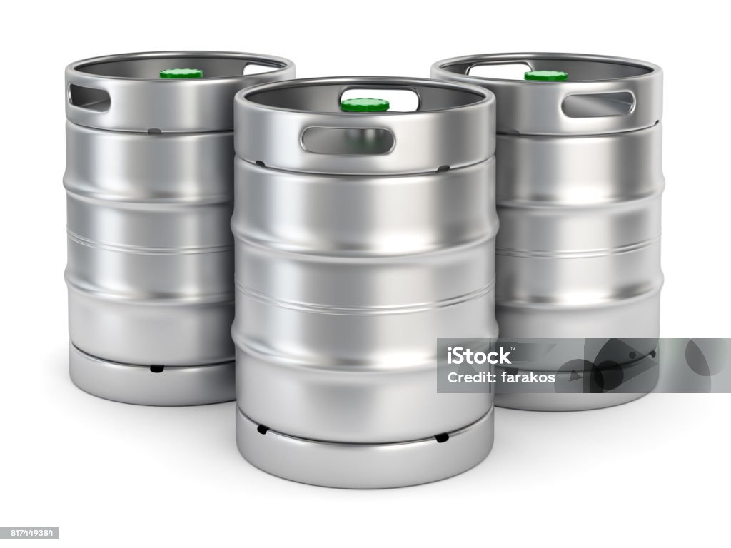 Metal beer kegs on white background Group of aluminum beer kegs with green lid isolated on white background. 3D illustration Barrel Stock Photo