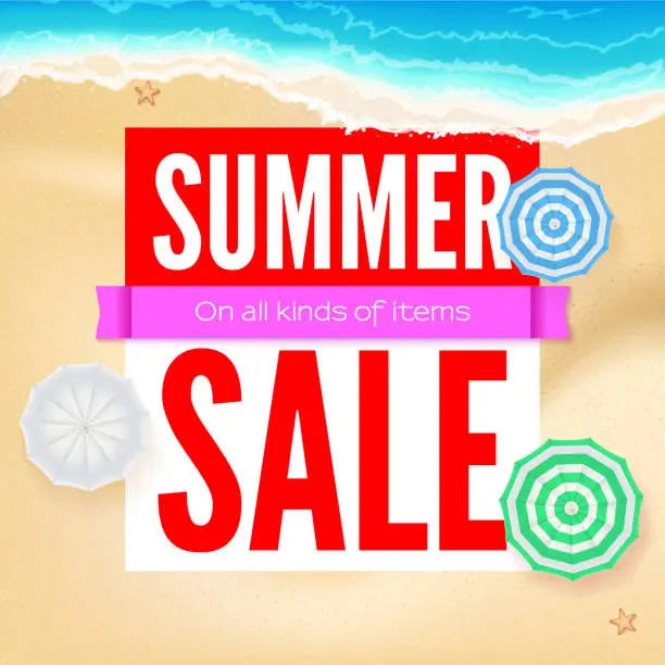 Vector illustration of Summer sale, selling ad banner. Text design with sun umbrellas. Summer vacation discounts, sale background of the sandy beach and the sea shore. Template for online shopping, advertising actions