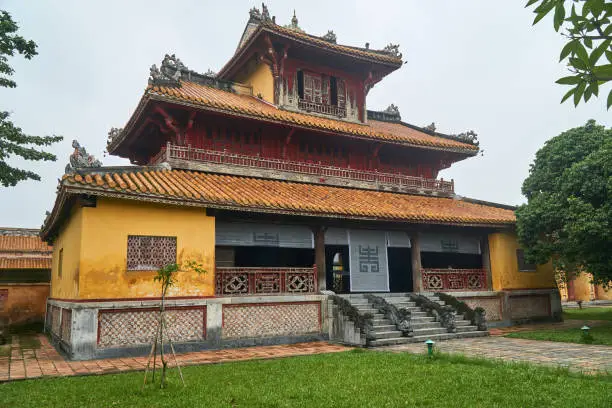 Traditional vietnamese tempel wall with colorful paintings in Hue citadel, Vietnam