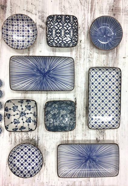 chinese vintage style blue and white dishes. - plate ceramics pottery isolated imagens e fotografias de stock