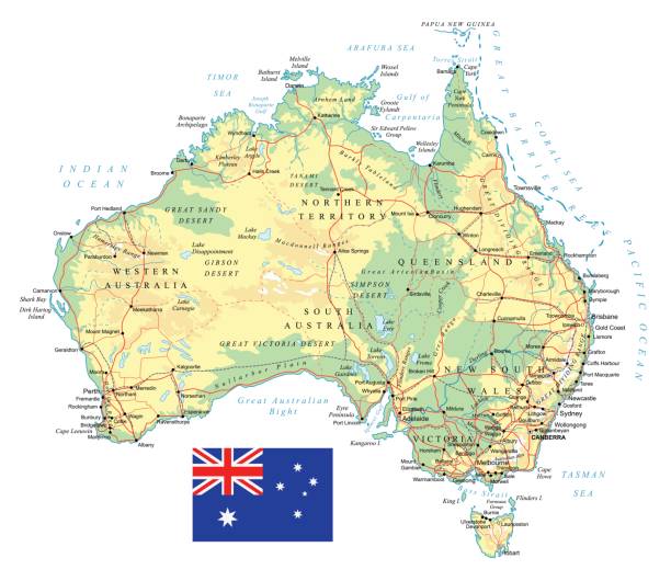 Australia - detailed topographic map - illustration Large detailed road map of Australia and national flag new south wales stock illustrations