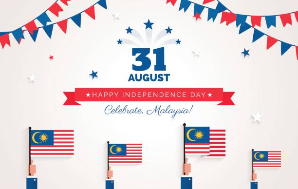 31 8 월입니다. 말레이시아 독립 기념일 인사말 카드입니다. - 말레이시아 국기 stock illustrations