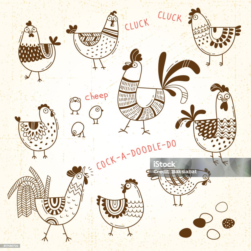 Vector Images Of Chickens Hens Cocks Eggs In Cartoon Style Line Art  Elements For Design Cover Food Package Advertising Banner Card Stock  Illustration - Download Image Now - iStock