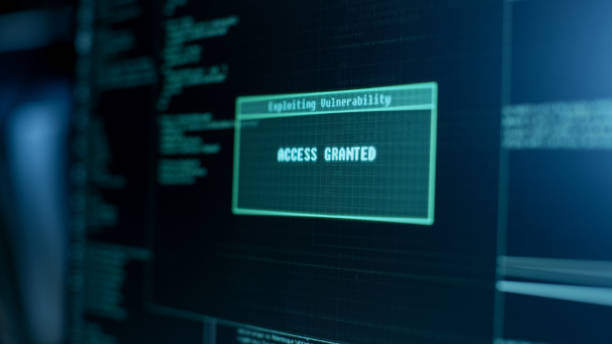 Display Showing Stages of Hacking in Progress: Exploiting Vulnerability, Executing and Granted Access. Display Showing Stages of Hacking in Progress: Exploiting Vulnerability, Executing and Granted Access. exploitation stock pictures, royalty-free photos & images