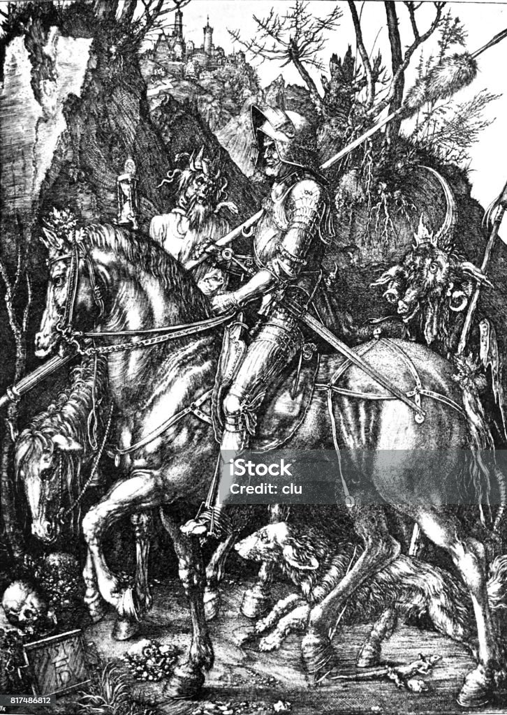 Riding knight, dead adn devil Illustration from 16th century 16th Century stock illustration