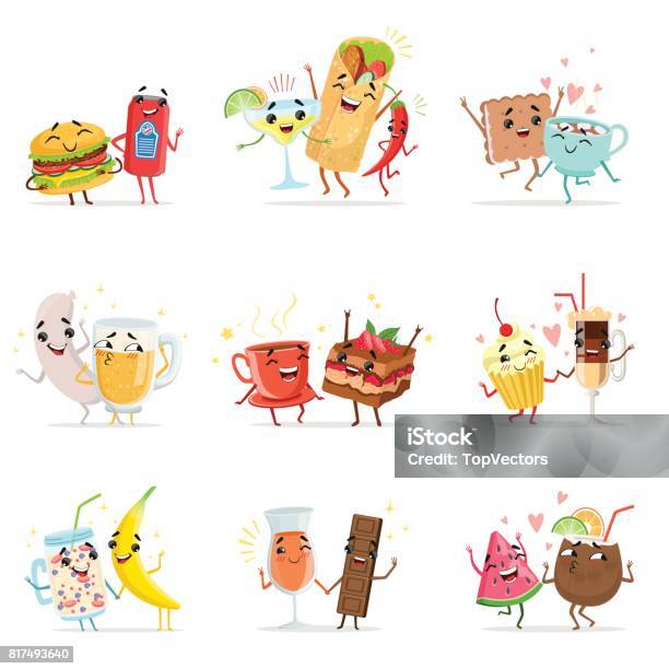 Cute Funny Food Characters Having Fun Vector Illustrations Stock  Illustration - Download Image Now - iStock
