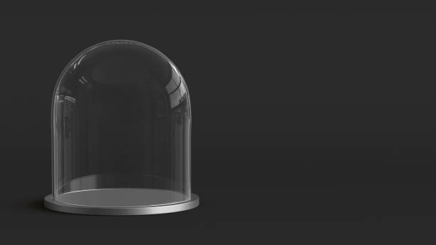 istock Glass dome with silver tray on dark background. 3D rendering. 817514020