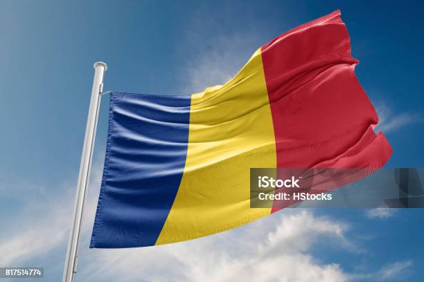 Romania Flag Is Waving Against Blue Sky Stock Photo - Download Image Now - Romania, Flag, National Flag