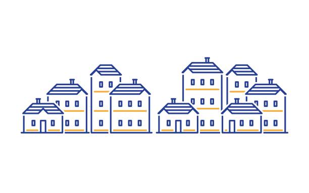 Residential district concept, real estate development, apartment building Real estate, residential district, apartment building, neighborhood concept, group of houses line icons row house stock illustrations