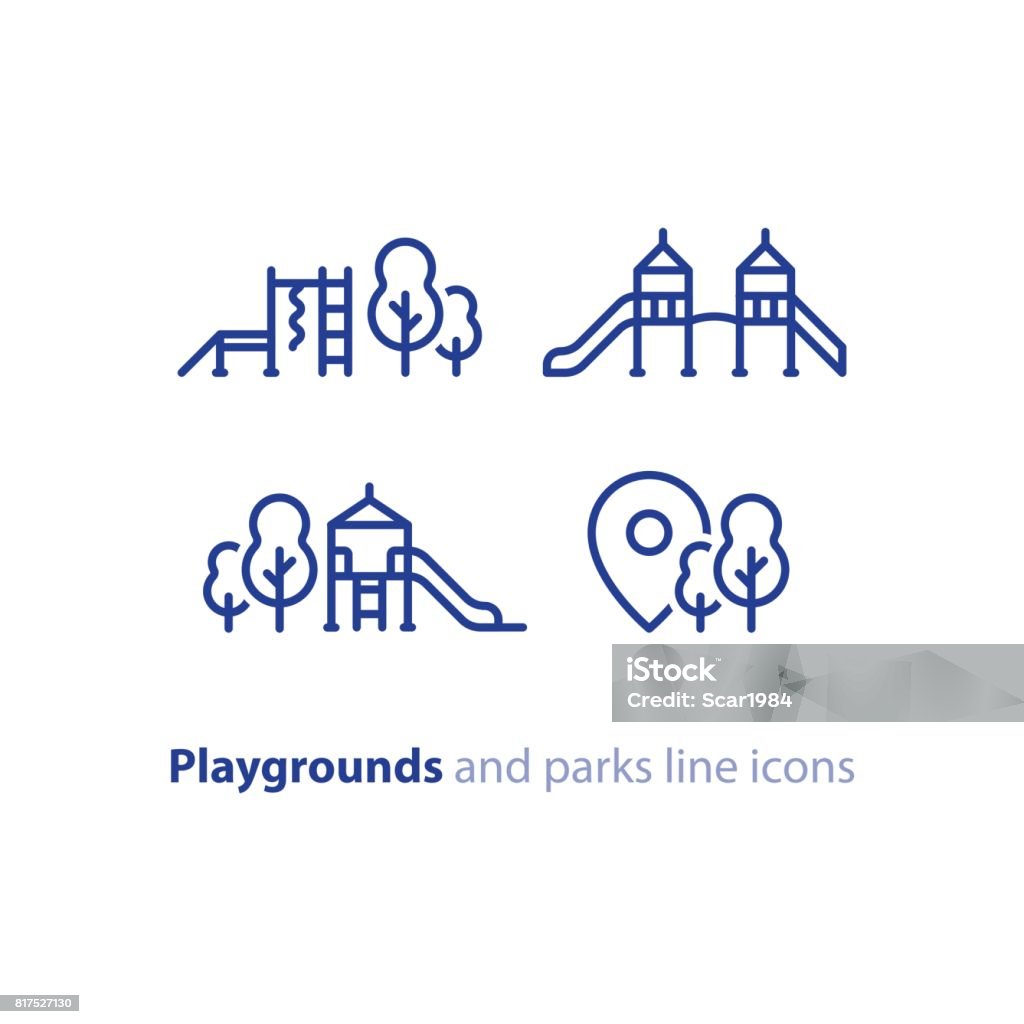 Play zone for children, playground equipment, local park Playground and park location concept, outdoor activities for kids, vector line icon Icon Symbol stock vector