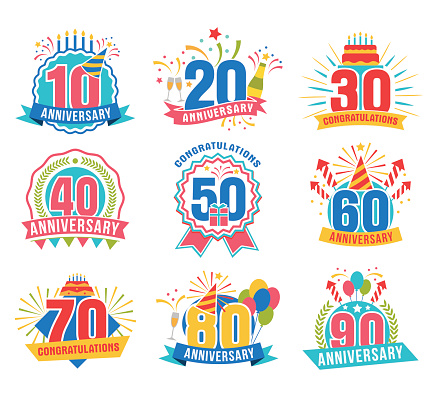 Anniversary numbers set. Festive compositions and greeting, with firework and stars for poster and card decor. Flat style vector illustration isolated on white background. Birthday badges with ribbon