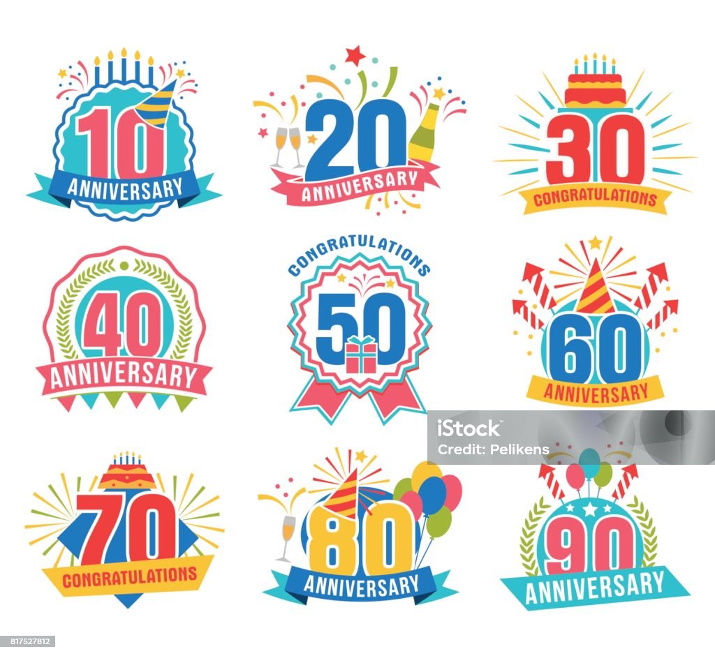 Anniversary numbers set Anniversary numbers set. Festive compositions and greeting, with firework and stars for poster and card decor. Flat style vector illustration isolated on white background. Birthday badges with ribbon Birthday stock vector