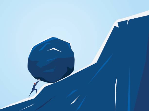 istock Businessman pushing huge stone up the hill. Business problem crisis hardship and burden concept. 817543632