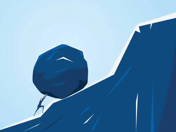 Vector illustration of Businessman pushing huge stone up the hill. Business problem crisis hardship and burden concept.