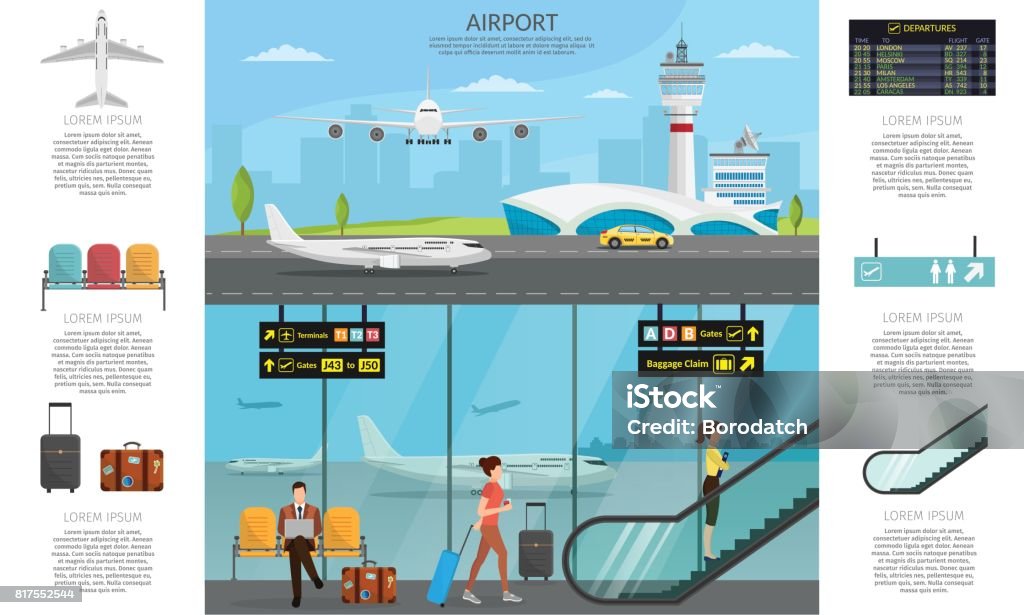 Airport passenger terminal and waiting room. International arrival departures background vector illustration airplane of infographic Airport stock vector