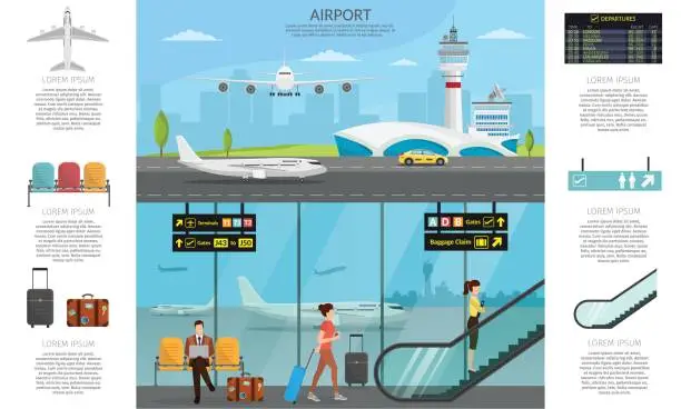 Vector illustration of Airport passenger terminal and waiting room. International arrival departures background vector illustration airplane of infographic