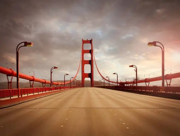 Golden Gate Bridge in San Francisco without traffic in sunset light