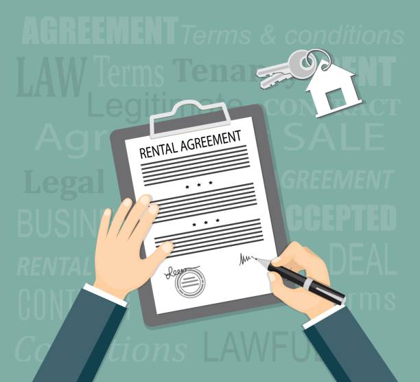 signing rental agreement with keys Businessman signing a contract. Flat concept of business financial operations, agreement, management, marketing. Top view the workplace, man hand holding a pen and writing, paper document with sign and stamp, keys and words on the gray background. EPS 10 rental property management stock illustrations