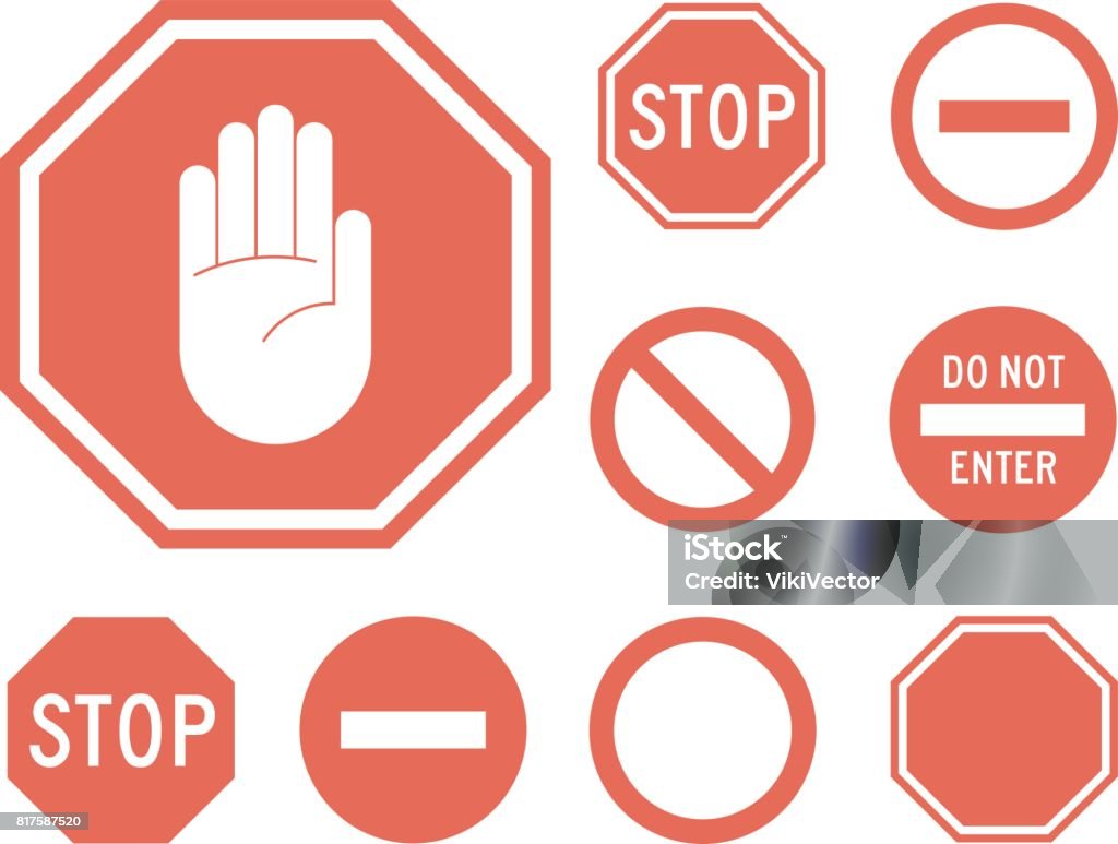 Stop signs collection in red and white Stop signs collection in red and white, traffic sign to notify drivers and provide safe and orderly street operation. Vector flat style illustration isolated on white background Stop Sign stock vector