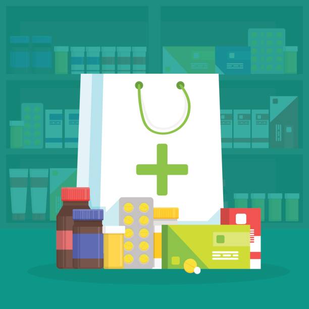 ilustrações de stock, clip art, desenhos animados e ícones de modern interior pharmacy and drugstore. sale of vitamins and medications. shopping bag with different medical pills and bottles. vector simple illustration - medicine cabinet medicine healthcare and medicine cabinet