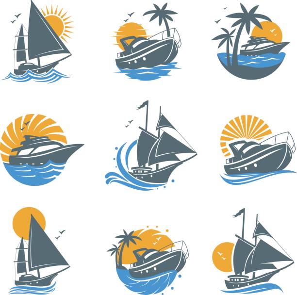 ilustrações, clipart, desenhos animados e ícones de conjunto de ícones de iate - veleiro luxo
