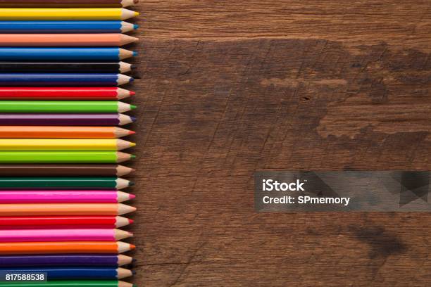 Group Of Colorful Pencils On The Wood Table Background Artwork Gallery Equipment Tool Concept Stock Photo - Download Image Now