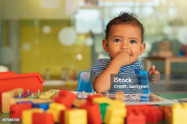 Happy Baby Playing With Toy Blocks Stock Photo - Download Image Now - Baby - Human Age, Child Care, Playful