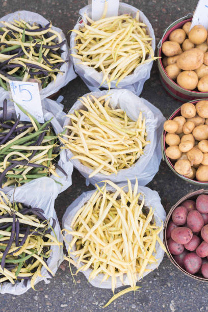 fagiolini e patate al mercato degli agricoltori - green bean bean green bucket foto e immagini stock