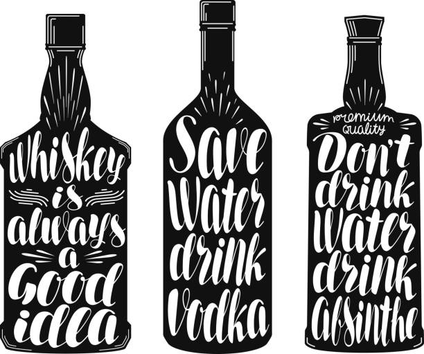 Drinks, alcoholic beverages label set. Whiskey bottle, vodka, absinthe icon or symbol. Handwritten lettering vector illustration Drinks, alcoholic beverages label set. Whiskey bottle, vodka, absinthe icon or symbol. Handwritten lettering vector illustration isolated on white background polypodiaceae stock illustrations