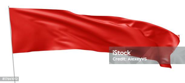 Long Red Flag With Flagpole Waving In Wind Stock Photo - Download Image Now - Flag, Blank, Red