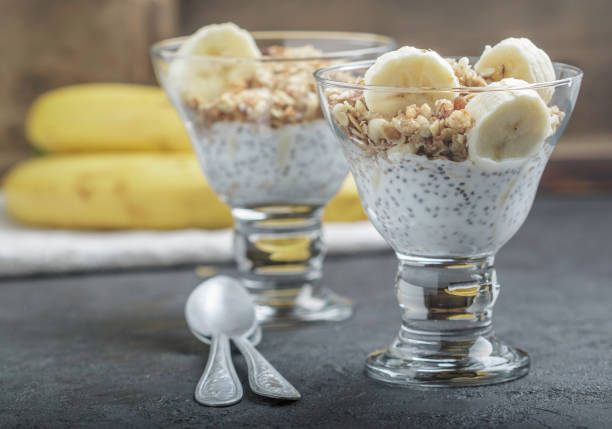 istock Yogurt with Chia seeds, banana, nuts and granola. Healthy Breakfast. Selective focus 817649144