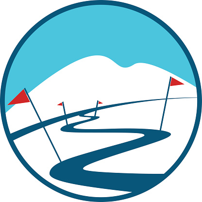 Ski Track Icon. Winter Landscakpe, Mountain, Red Flags and Snow in a Flat Style