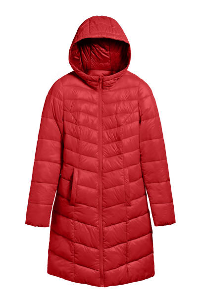 istock Red winter long coat jacket with hood isolated on white 817690572
