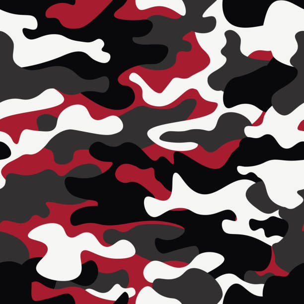 Seamless camouflage pattern background. Classic clothing style masking camo repeat print. Red, white, brown black colors forest texture. Design element. Vector illustration Seamless camouflage pattern background. Classic clothing style masking camo repeat print. Red, white, brown black colors forest texture. Design element. Vector illustration red camouflage pattern stock illustrations