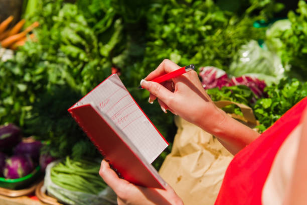 A woman crosses out purchases from shopping list. Girl with a notebook in hands.