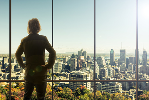 Businessman looking at the big city from his office