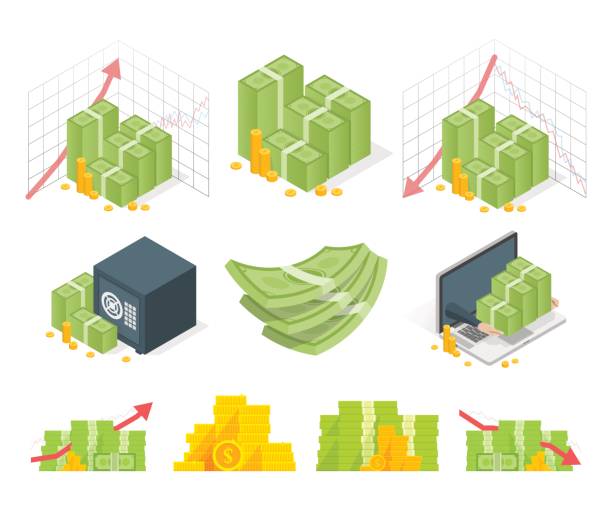 큰 돈 아이콘의 집합입니다. 더미 달러와 동전 아이소메트릭 벡터 일러스트 레이 션 - us currency tax refund dollar stock illustrations