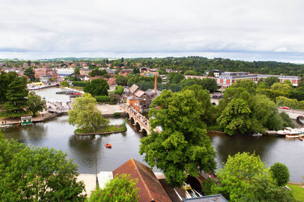 View from above of Stratford-Upon-Avon View of Stratford-Upon-Avon from the air, Warwickhire, England, the birthplace of William Shakespeare, selective focus midlands england stock pictures, royalty-free photos & images