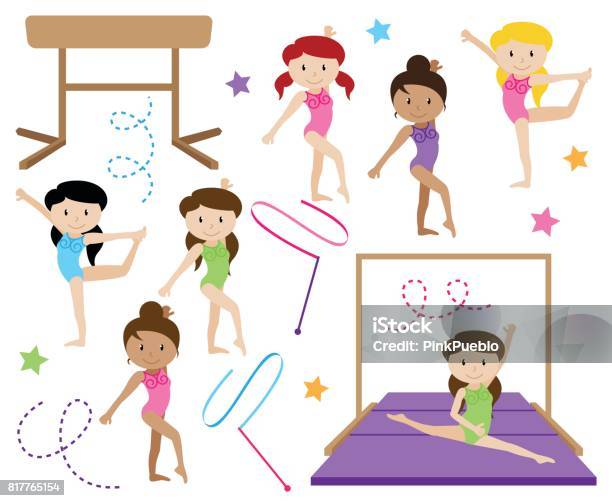 Collection De Vector De Mignons Gymnastes Féminins Ou Des Danseurs De Différentes Ethnies Vecteurs libres de droits et plus d'images vectorielles de Gymnastique sportive