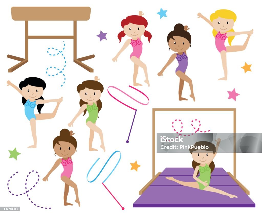 Vector Collection of Cute Female Gymnasts or Dancers of Different Ethnicities Gymnastics stock vector