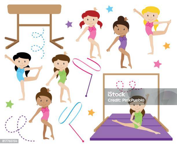 Vector Collection Of Cute Female Gymnasts Or Dancers Of Different Ethnicities Stock Illustration - Download Image Now