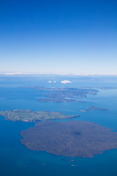 Rangitoto and Waiheke island, New Zealand Aerial view of Rangitoto, Motutapo and Waiheke island near Auckland, New Zealand rangitoto island stock pictures, royalty-free photos & images