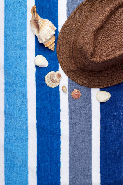 istock A summer holiday composition on a beach towel with seashells and a hat. 817773214