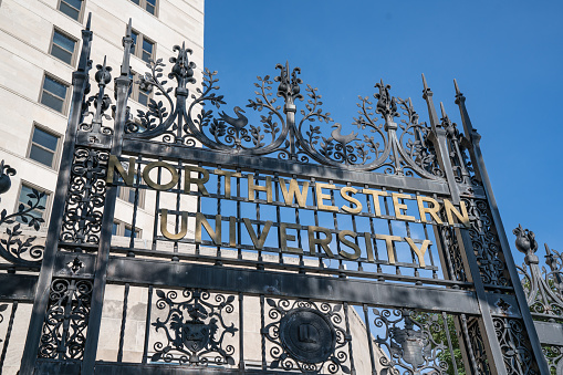 Elaborate iron gate entry on the Chicago campus of Northwestern University in Chicago, Illinois.