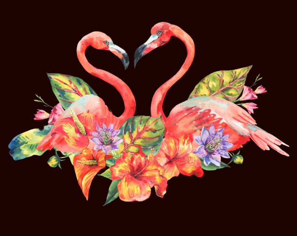 istock Watercolor pink flamingo and tropical flowers 817781538