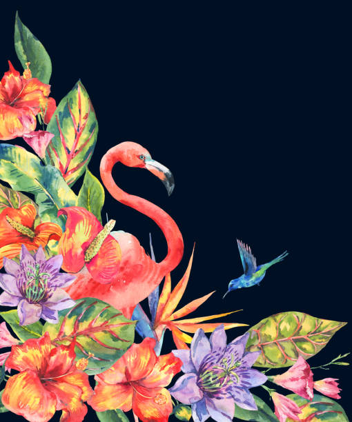 istock Watercolor pink flamingo and tropical flowers 817781628