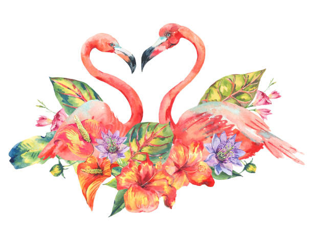 istock Watercolor pink flamingo and tropical flowers 817781690