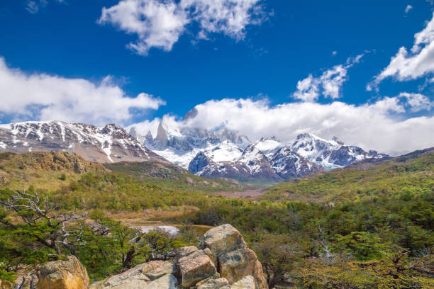istock Landscape with trees, green grass and beautiful snow covered mountains on the back. 817828776