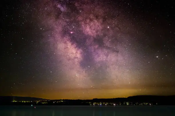 The center of the Milky Way above the Lake Constance as seen from the peninsula Mettnau at Radolfzell in Germany.
